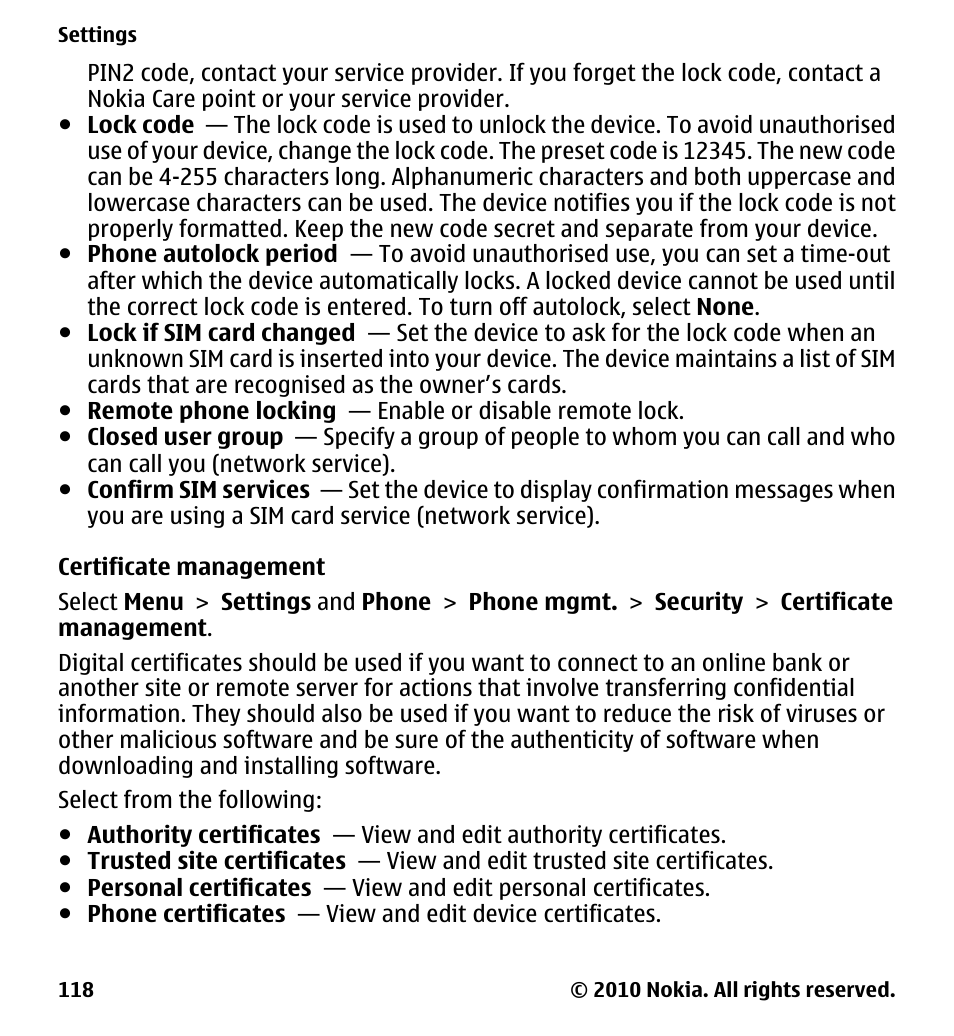 Certificate management | Nokia 5233 User Manual | Page 118 / 142