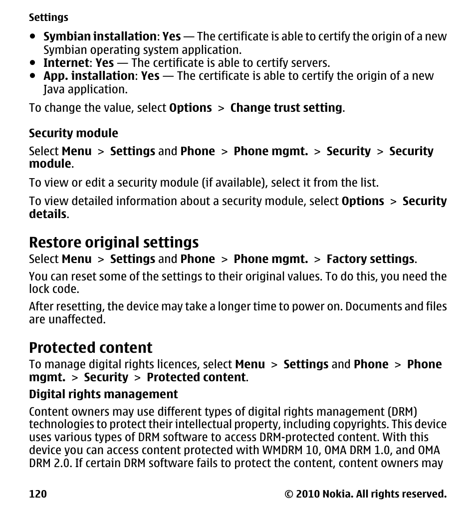 Security module, Restore original settings, Protected content | Nokia 5233 User Manual | Page 120 / 142