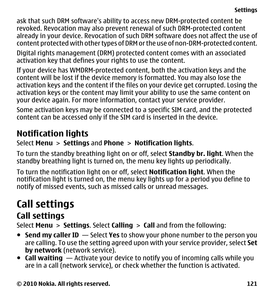 Notification lights, Call settings | Nokia 5233 User Manual | Page 121 / 142