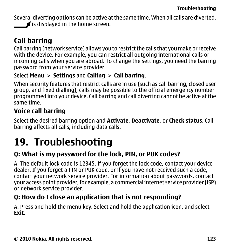 Call barring, Troubleshooting | Nokia 5233 User Manual | Page 123 / 142