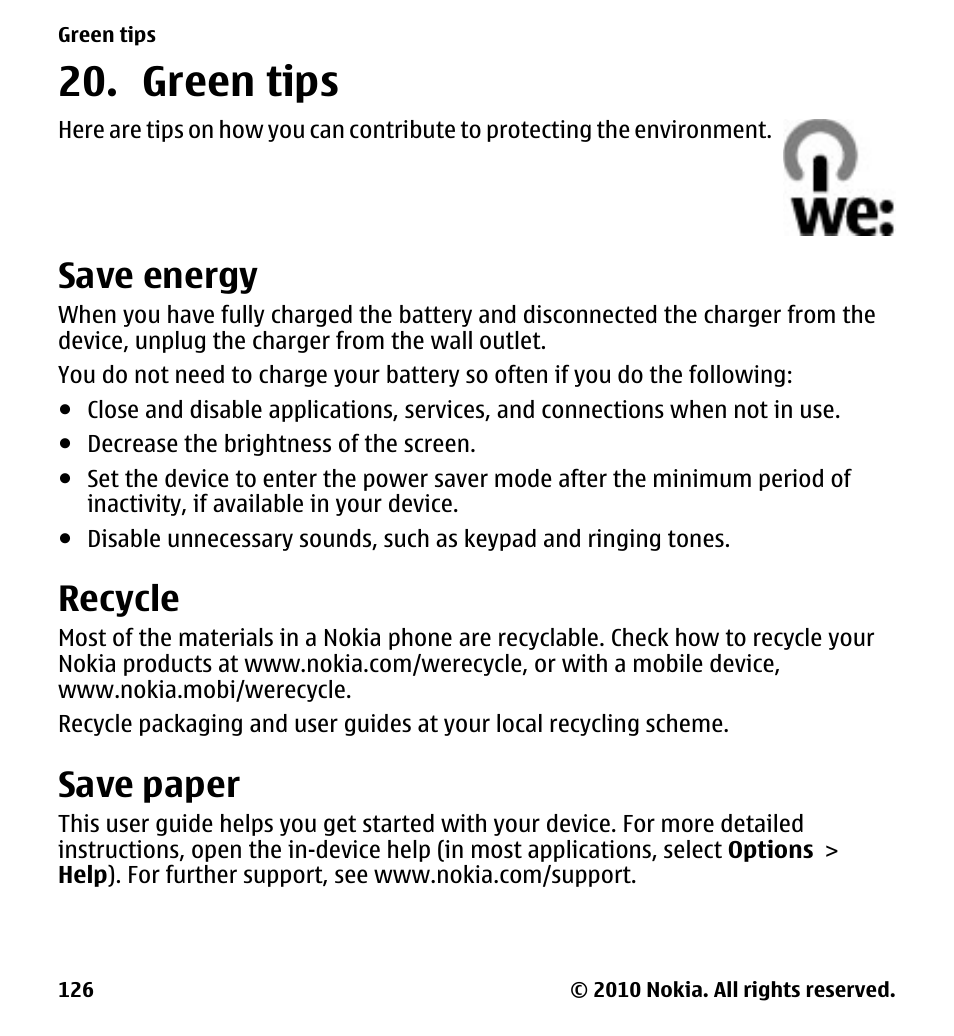 Green tips, Save energy, Recycle | Save paper | Nokia 5233 User Manual | Page 126 / 142