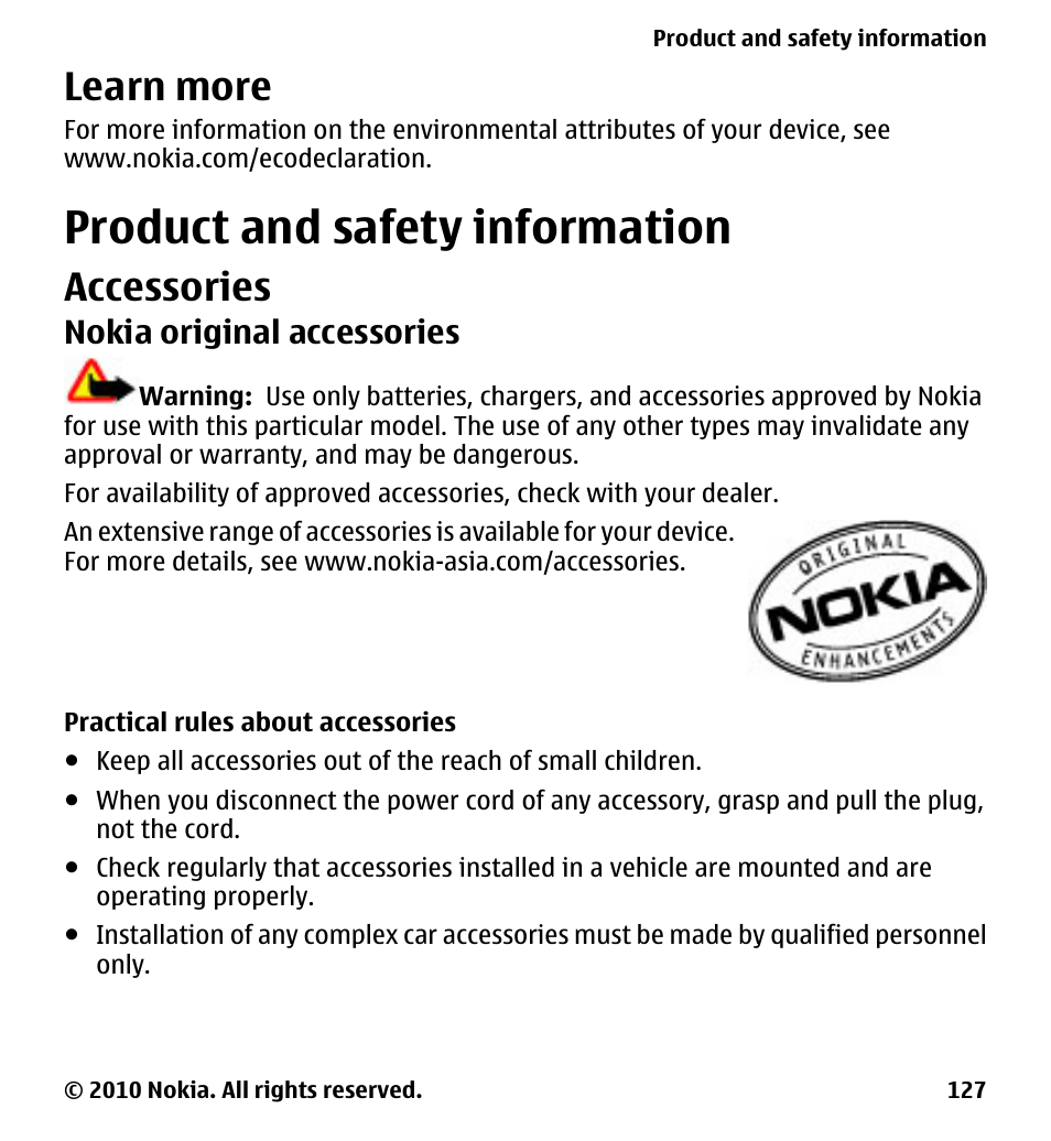 Learn more, Product and safety information, Accessories | Nokia original accessories, Practical rules about accessories, Product and safety, Information | Nokia 5233 User Manual | Page 127 / 142