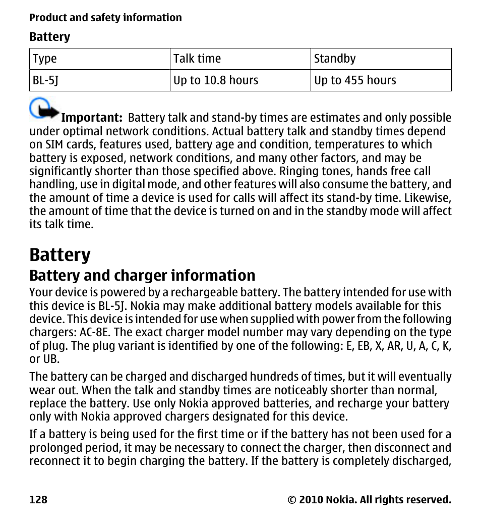 Battery, Battery and charger information | Nokia 5233 User Manual | Page 128 / 142