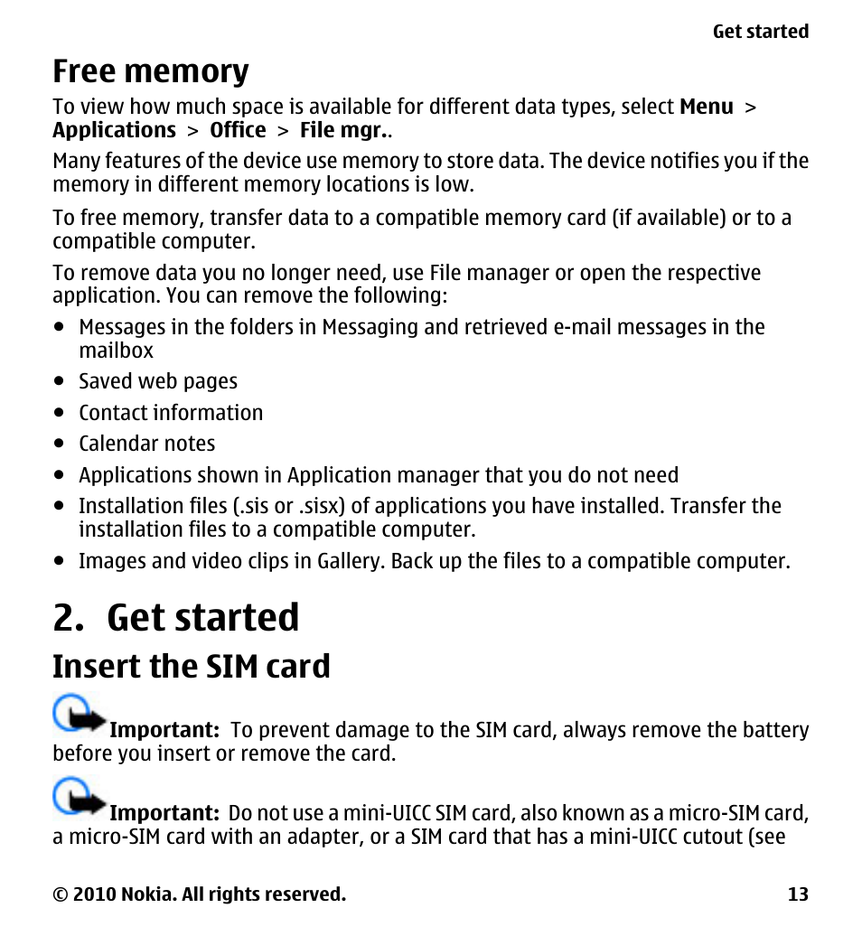 Free memory, Get started, Insert the sim card | Nokia 5233 User Manual | Page 13 / 142