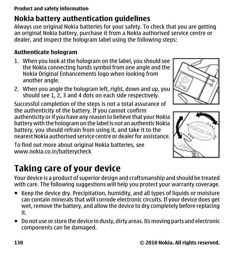 Nokia battery authentication guidelines, Authenticate hologram, Taking care of your device | Nokia 5233 User Manual | Page 130 / 142