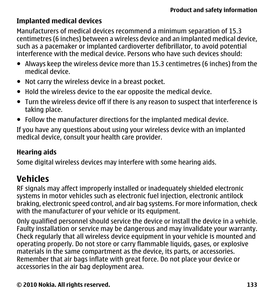 Implanted medical devices, Hearing aids, Vehicles | Nokia 5233 User Manual | Page 133 / 142