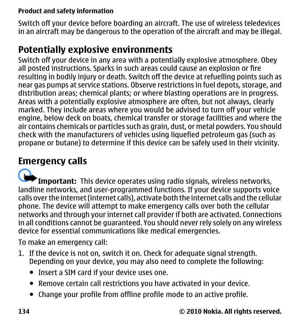 Potentially explosive environments, Emergency calls | Nokia 5233 User Manual | Page 134 / 142