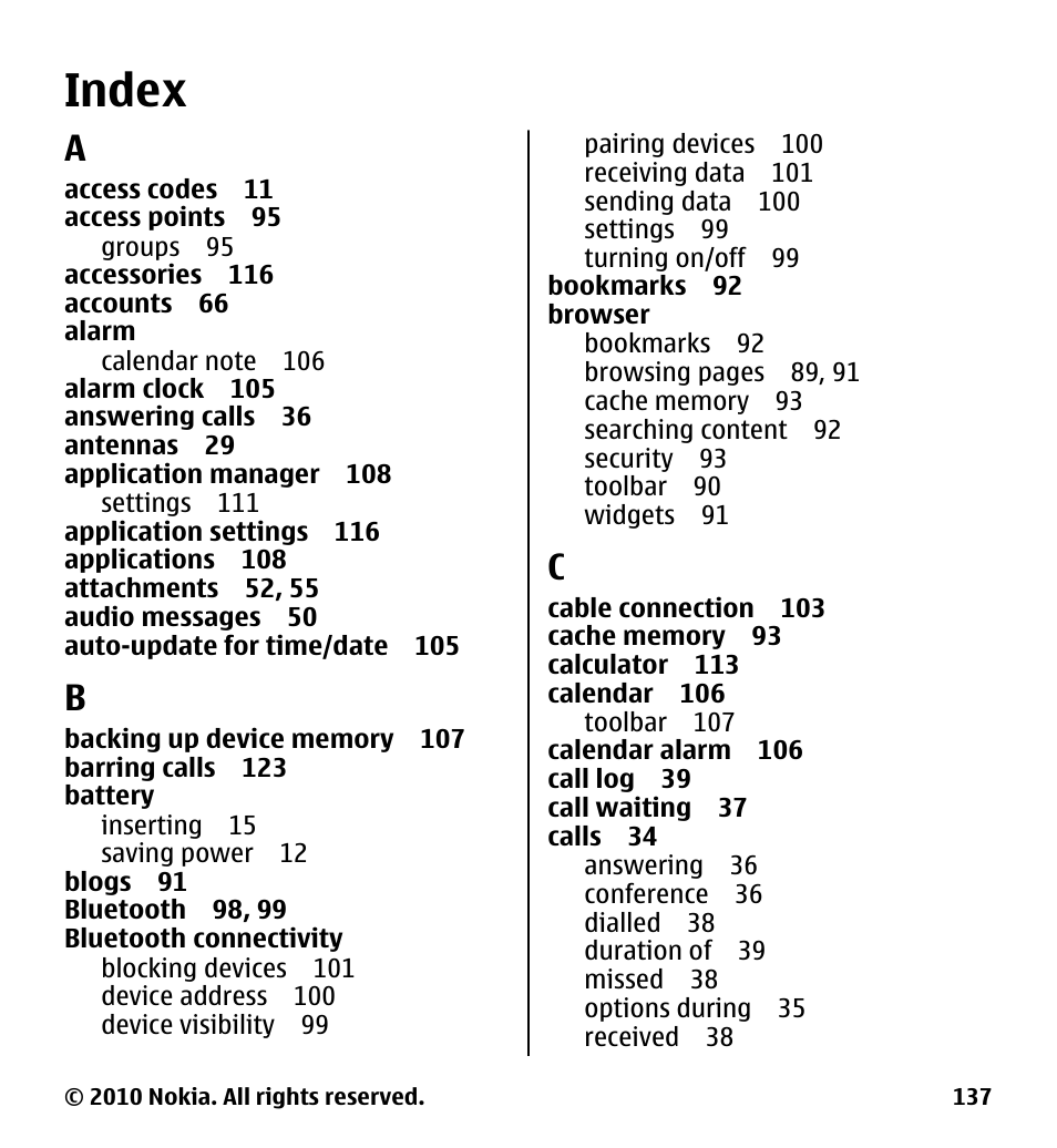 Index | Nokia 5233 User Manual | Page 137 / 142