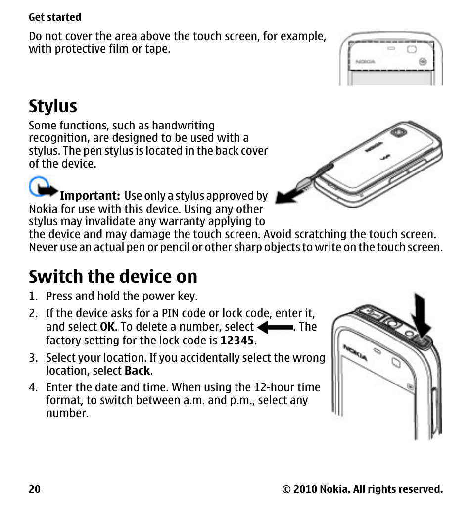 Stylus, Switch the device on | Nokia 5233 User Manual | Page 20 / 142