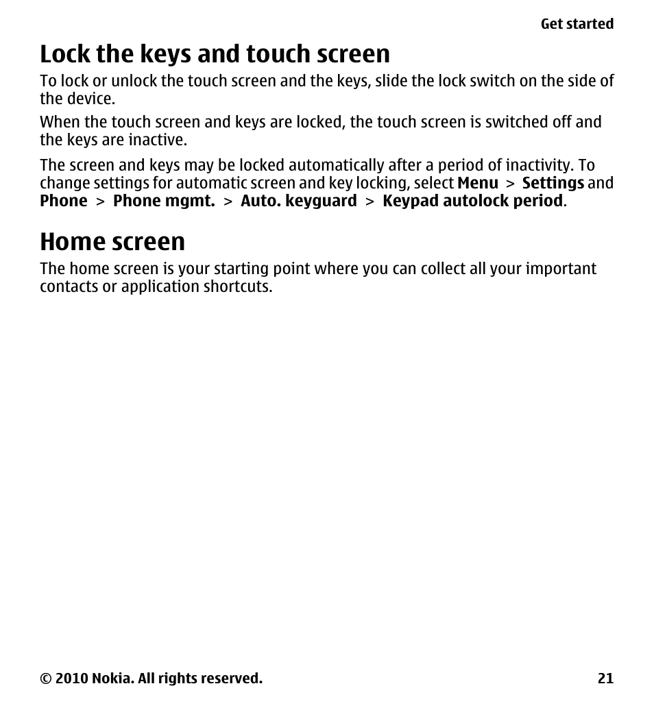 Lock the keys and touch screen, Home screen | Nokia 5233 User Manual | Page 21 / 142