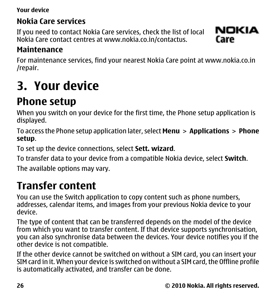 Your device, Phone setup, Transfer content | Nokia 5233 User Manual | Page 26 / 142