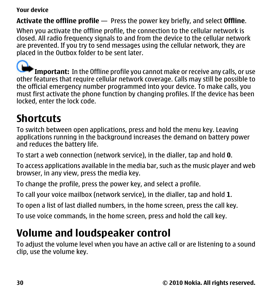 Shortcuts, Volume and loudspeaker control | Nokia 5233 User Manual | Page 30 / 142
