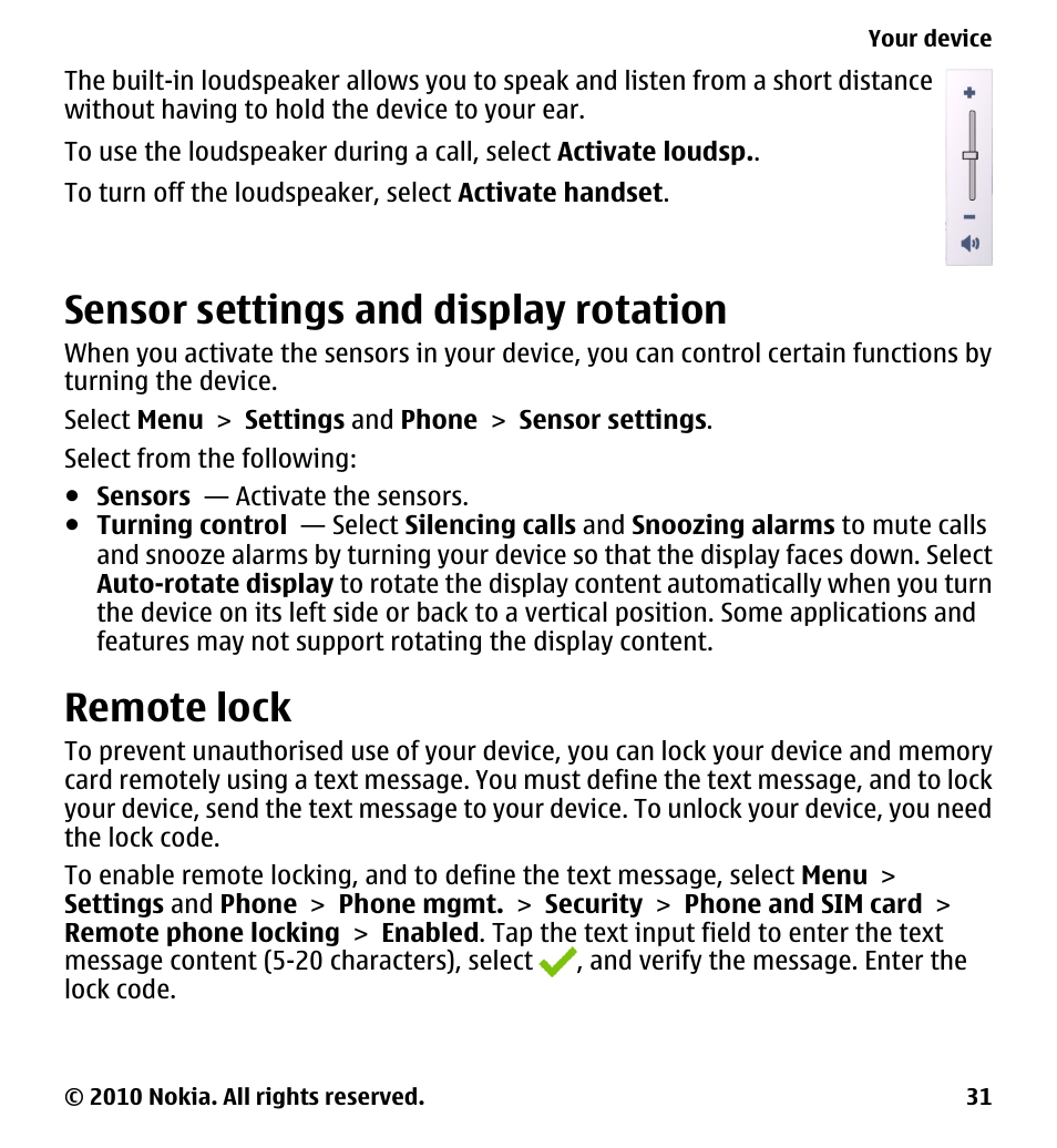 Sensor settings and display rotation, Remote lock, Sensor settings and display | Rotation | Nokia 5233 User Manual | Page 31 / 142