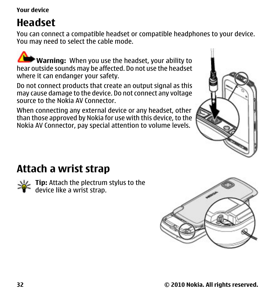 Headset, Attach a wrist strap | Nokia 5233 User Manual | Page 32 / 142