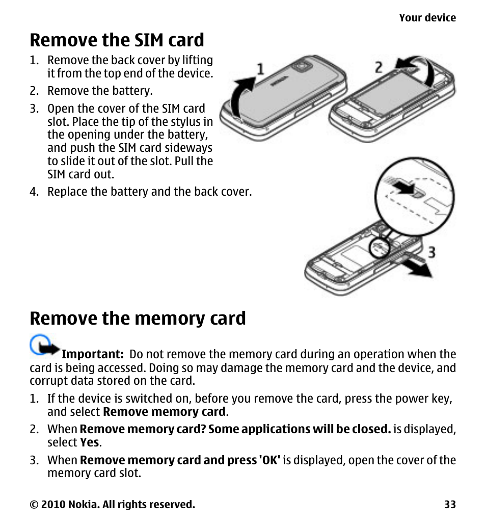 Remove the sim card, Remove the memory card | Nokia 5233 User Manual | Page 33 / 142