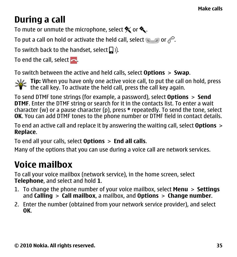 During a call, Voice mailbox | Nokia 5233 User Manual | Page 35 / 142