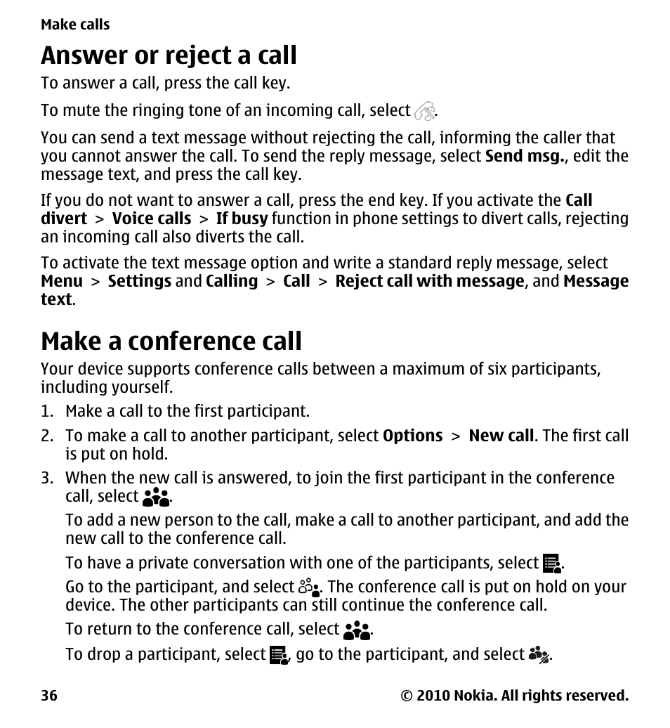 Answer or reject a call, Make a conference call | Nokia 5233 User Manual | Page 36 / 142