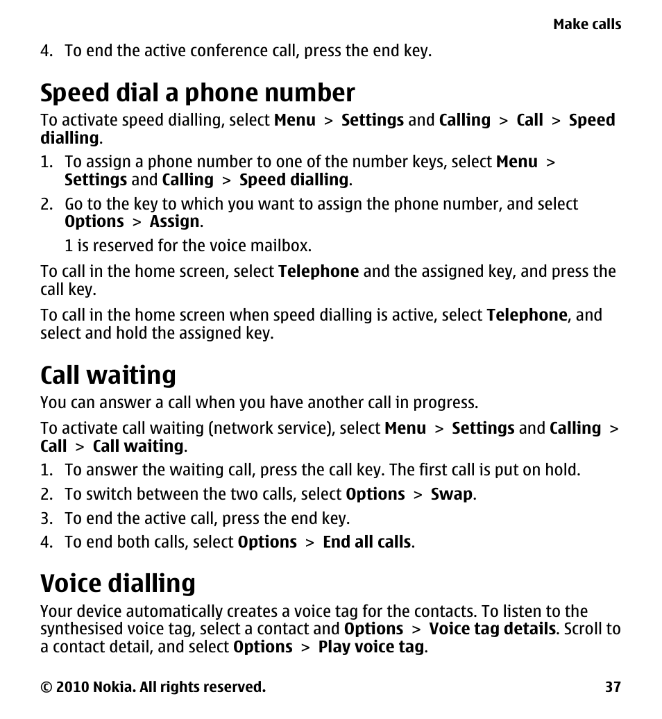 Speed dial a phone number, Call waiting, Voice dialling | Nokia 5233 User Manual | Page 37 / 142