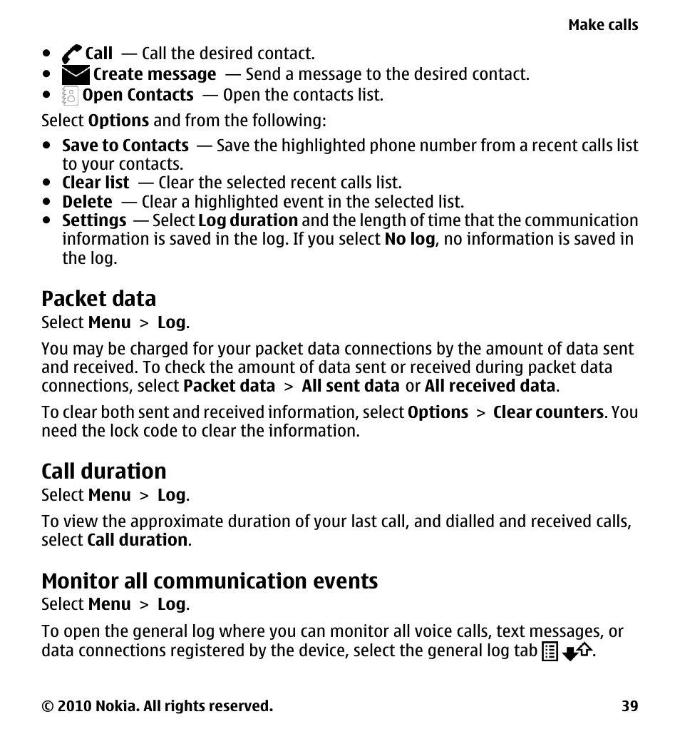 Packet data, Call duration, Monitor all communication events | Nokia 5233 User Manual | Page 39 / 142