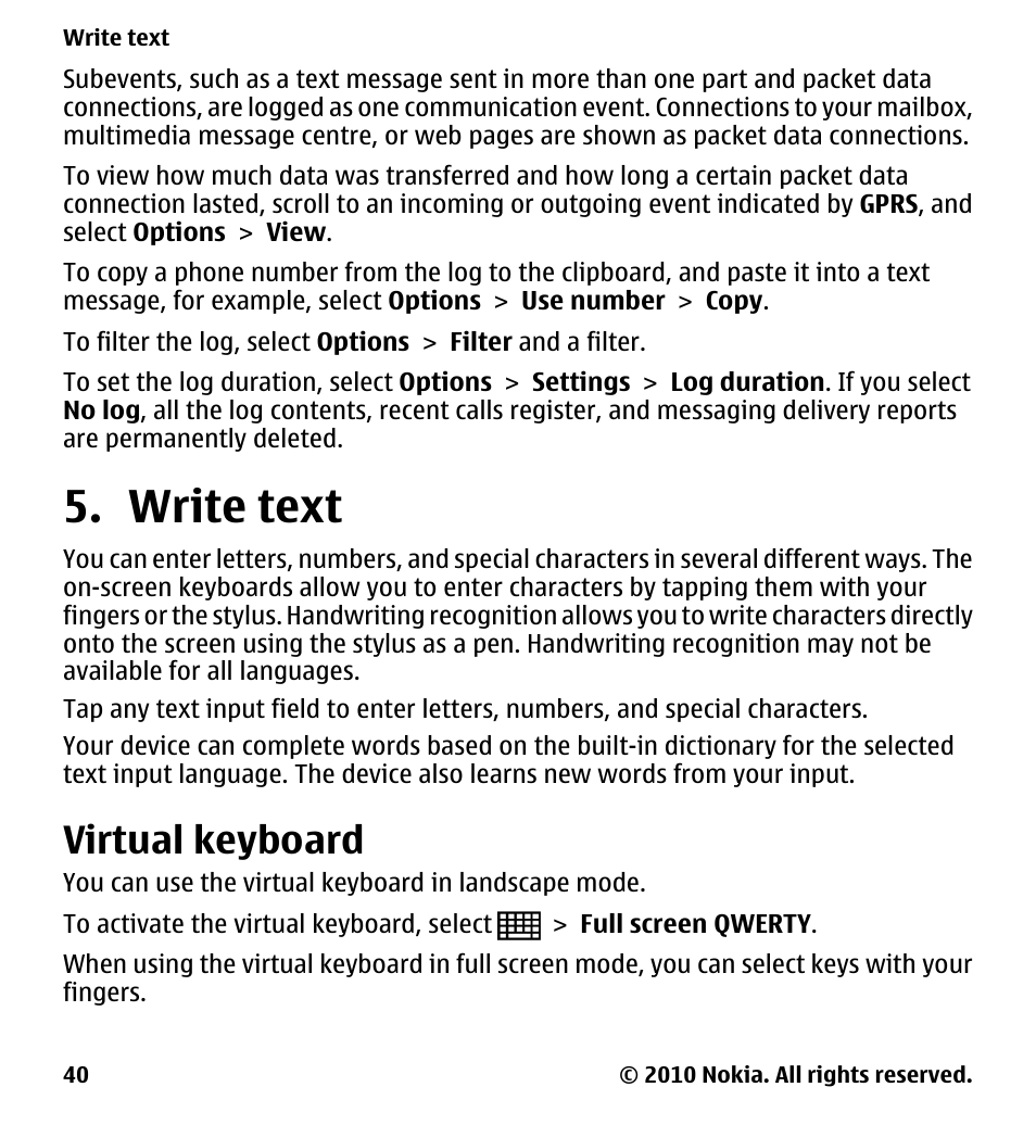 Write text, Virtual keyboard | Nokia 5233 User Manual | Page 40 / 142