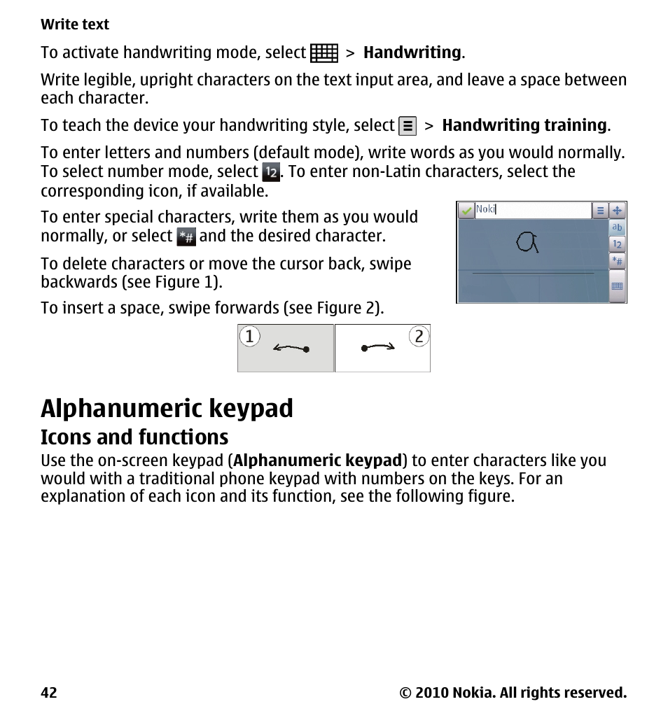 Alphanumeric keypad, Icons and functions | Nokia 5233 User Manual | Page 42 / 142