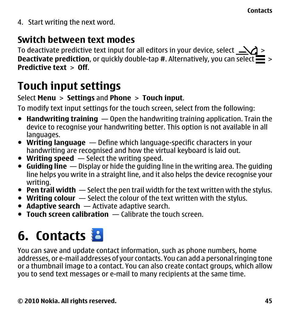 Switch between text modes, Touch input settings, Contacts | Nokia 5233 User Manual | Page 45 / 142
