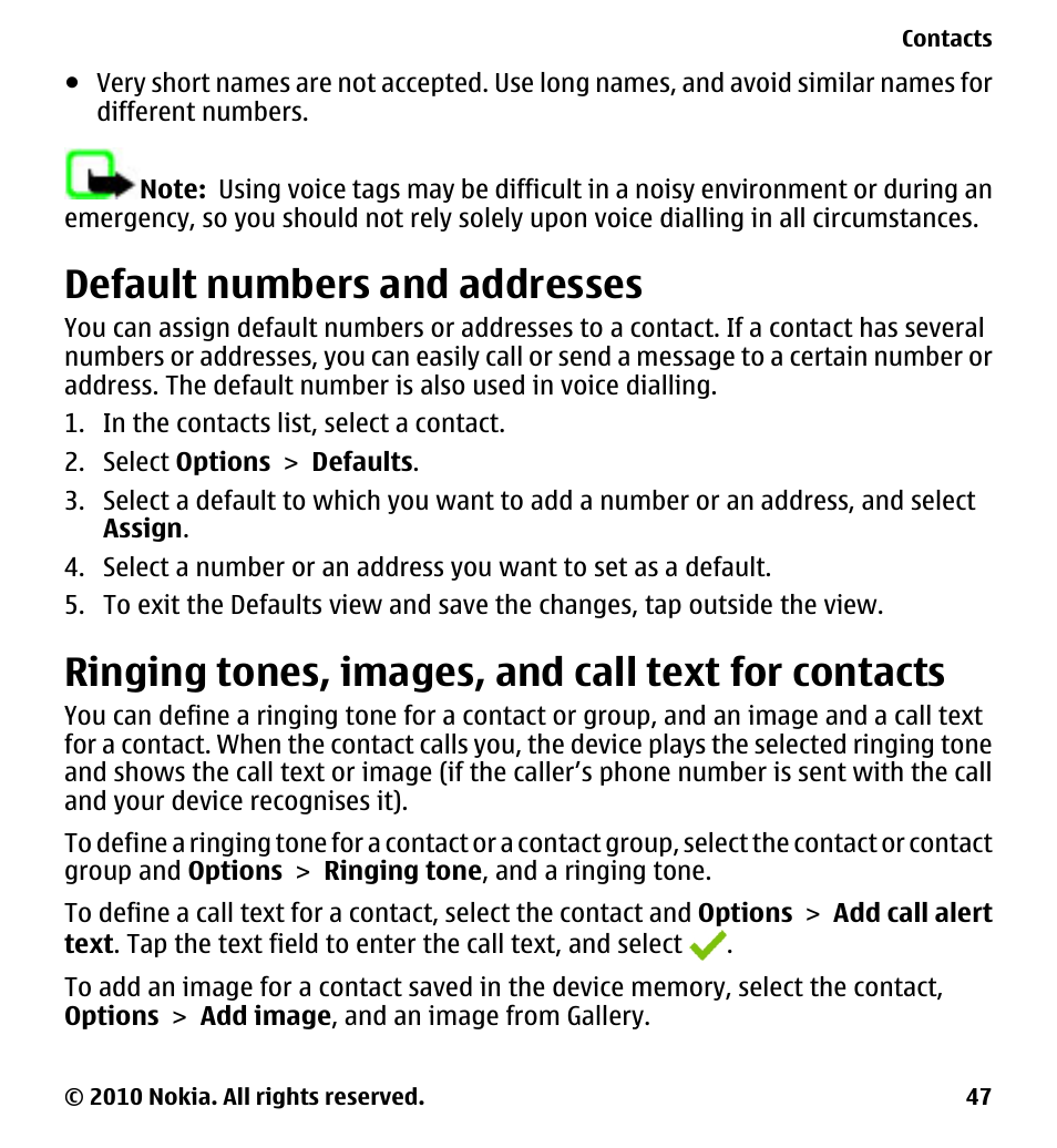 Default numbers and addresses, Ringing tones, images, and call text for contacts, Ringing tones, images, and call text | For contacts | Nokia 5233 User Manual | Page 47 / 142