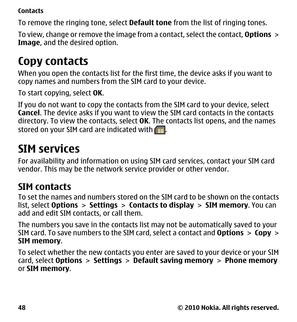 Copy contacts, Sim services, Sim contacts | Nokia 5233 User Manual | Page 48 / 142
