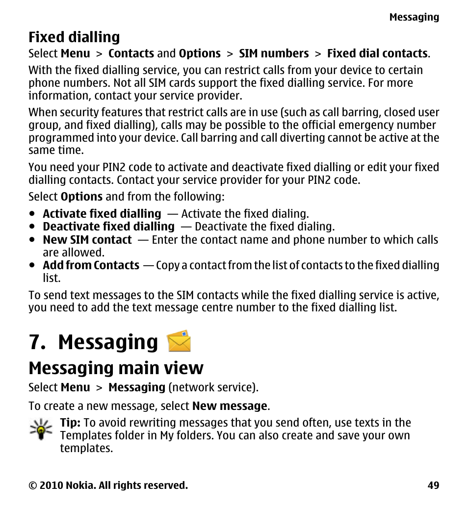 Fixed dialling, Messaging, Messaging main view | Nokia 5233 User Manual | Page 49 / 142