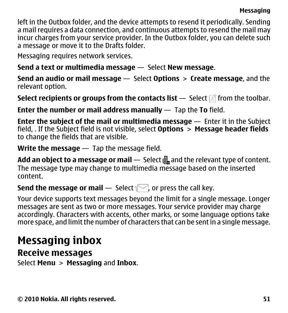 Messaging inbox, Receive messages | Nokia 5233 User Manual | Page 51 / 142