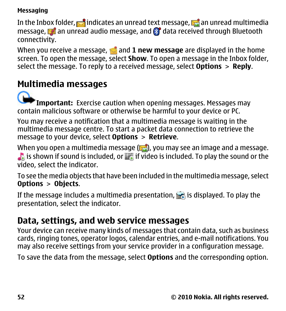 Multimedia messages, Data, settings, and web service messages | Nokia 5233 User Manual | Page 52 / 142