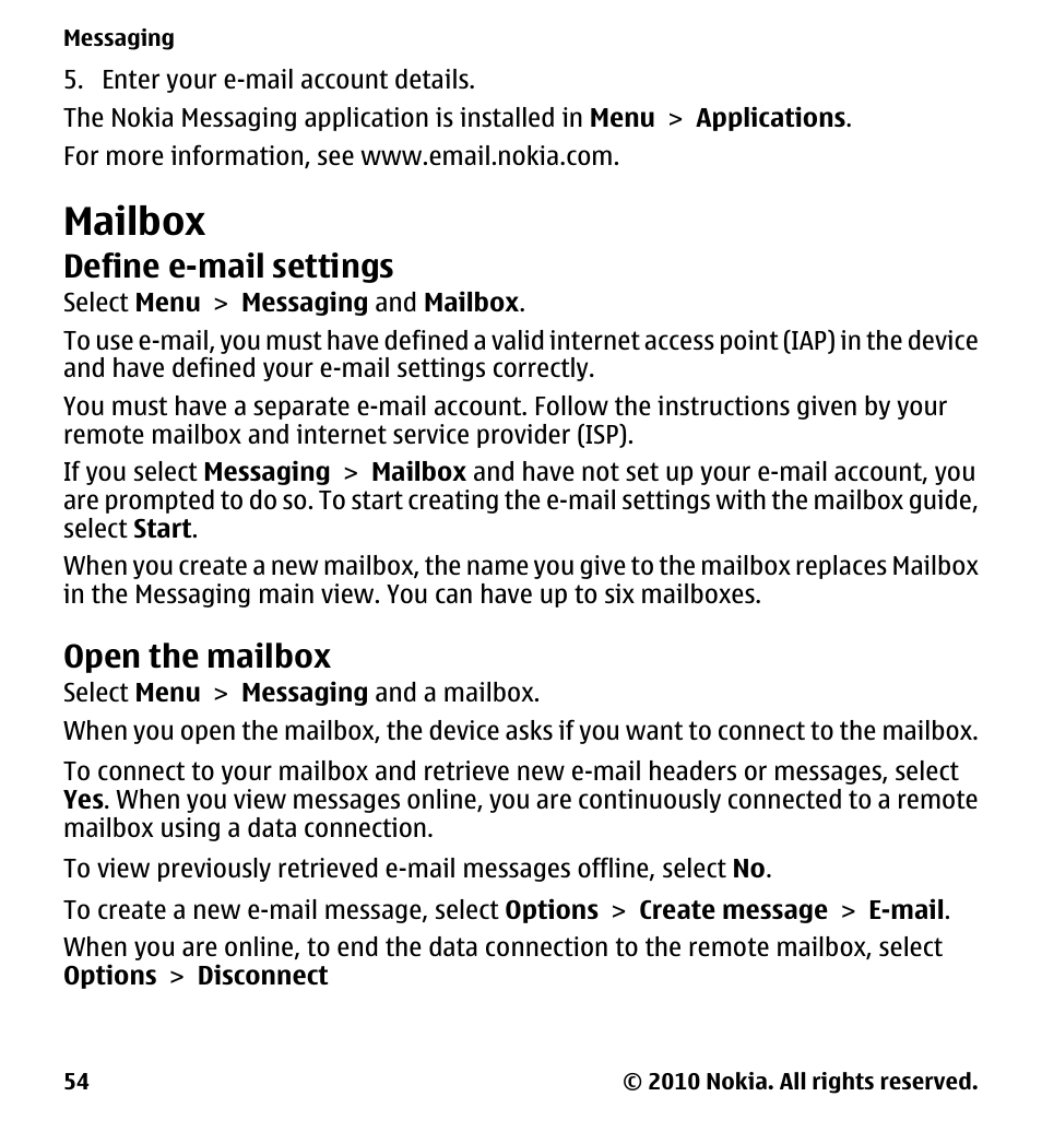 Mailbox, Define e-mail settings, Open the mailbox | Nokia 5233 User Manual | Page 54 / 142