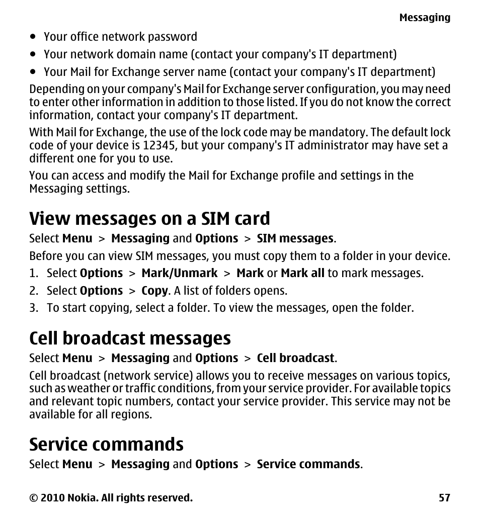 View messages on a sim card, Cell broadcast messages, Service commands | Nokia 5233 User Manual | Page 57 / 142