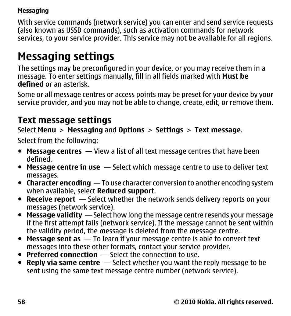 Messaging settings, Text message settings | Nokia 5233 User Manual | Page 58 / 142