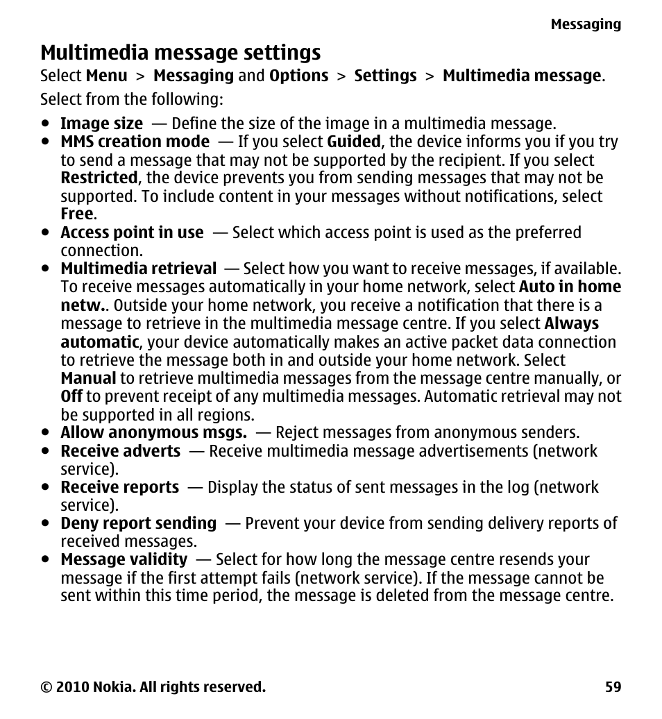 Multimedia message settings | Nokia 5233 User Manual | Page 59 / 142