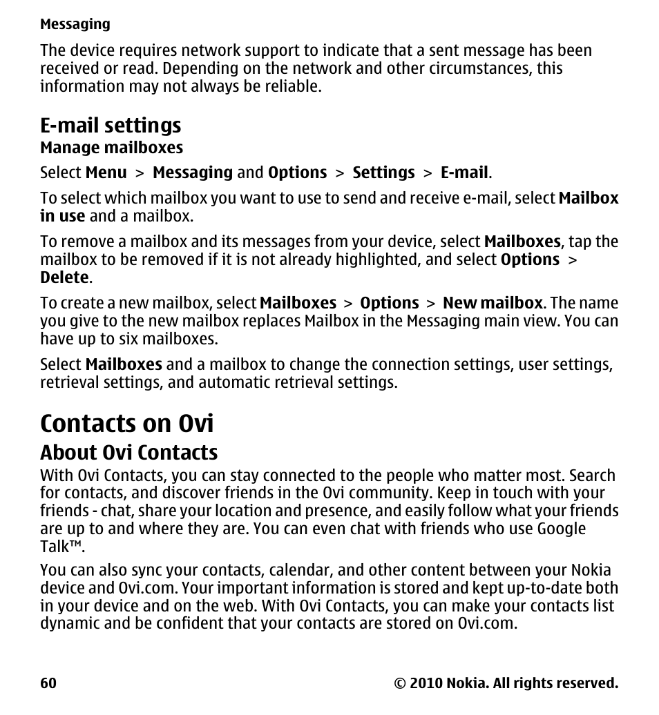 E-mail settings, Manage mailboxes, Contacts on ovi | About ovi contacts | Nokia 5233 User Manual | Page 60 / 142