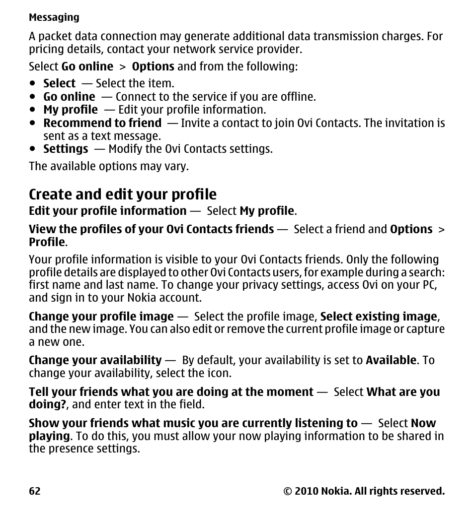 Create and edit your profile | Nokia 5233 User Manual | Page 62 / 142