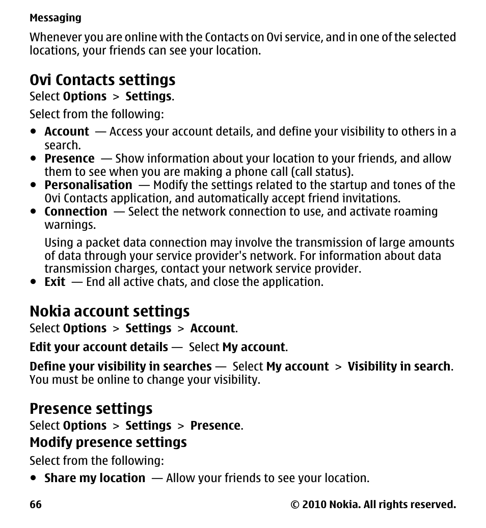 Ovi contacts settings, Nokia account settings, Presence settings | Nokia 5233 User Manual | Page 66 / 142