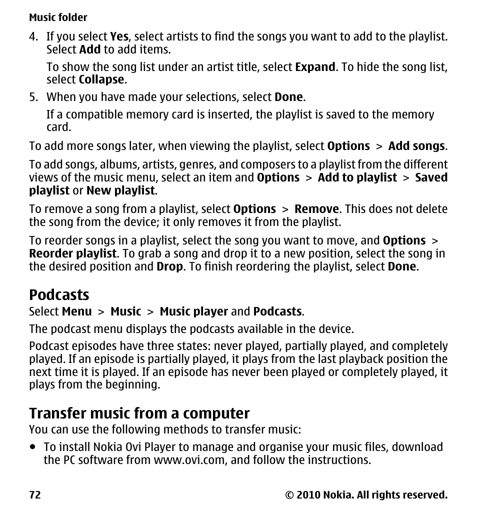 Podcasts, Transfer music from a computer | Nokia 5233 User Manual | Page 72 / 142