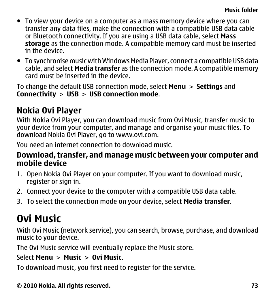 Nokia ovi player, Ovi music | Nokia 5233 User Manual | Page 73 / 142