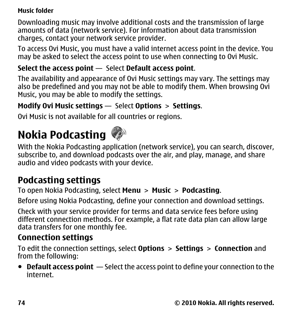 Nokia podcasting, Podcasting settings | Nokia 5233 User Manual | Page 74 / 142