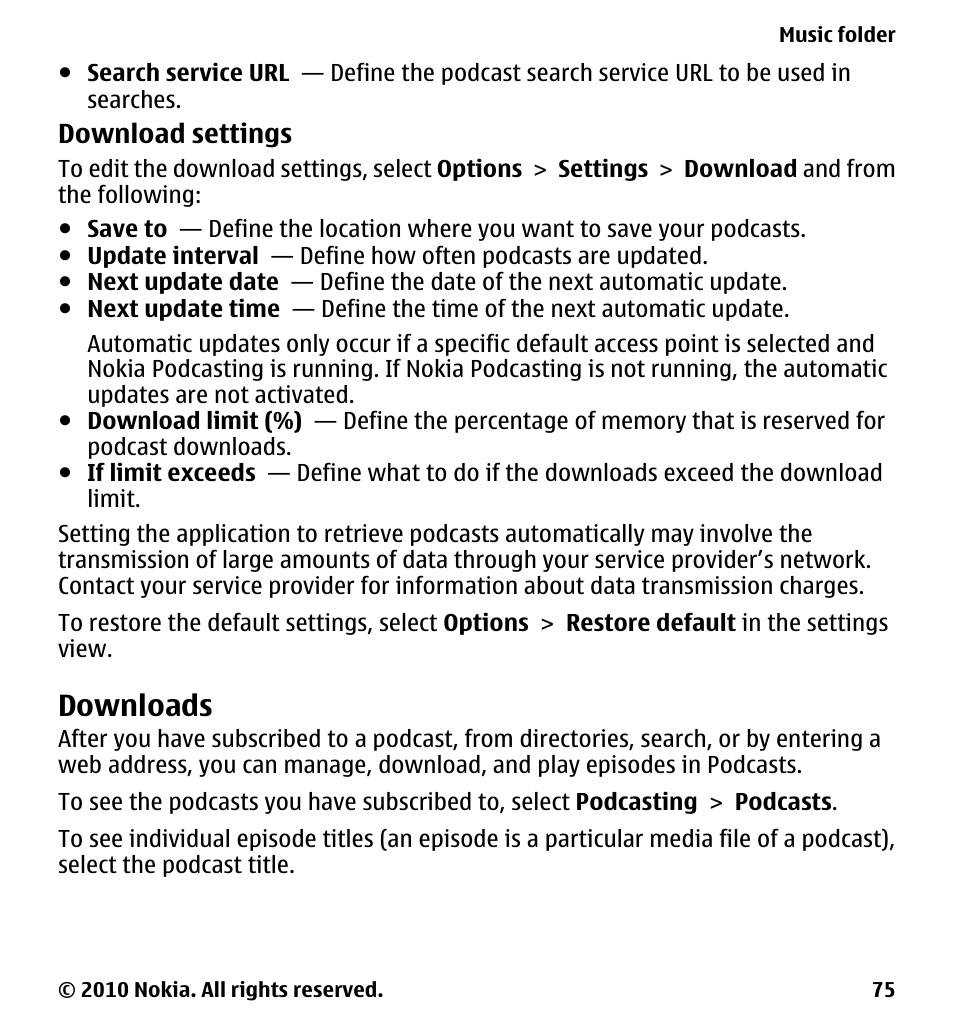 Downloads | Nokia 5233 User Manual | Page 75 / 142