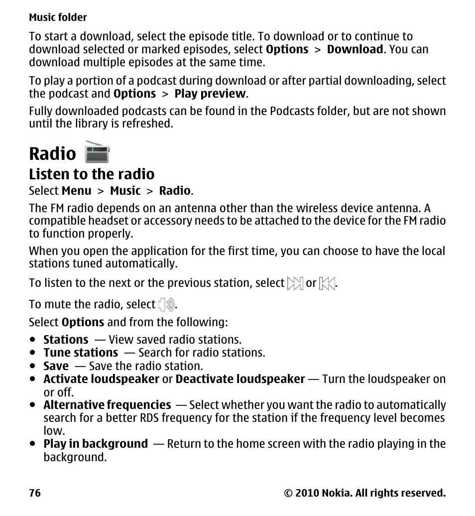 Radio, Listen to the radio | Nokia 5233 User Manual | Page 76 / 142