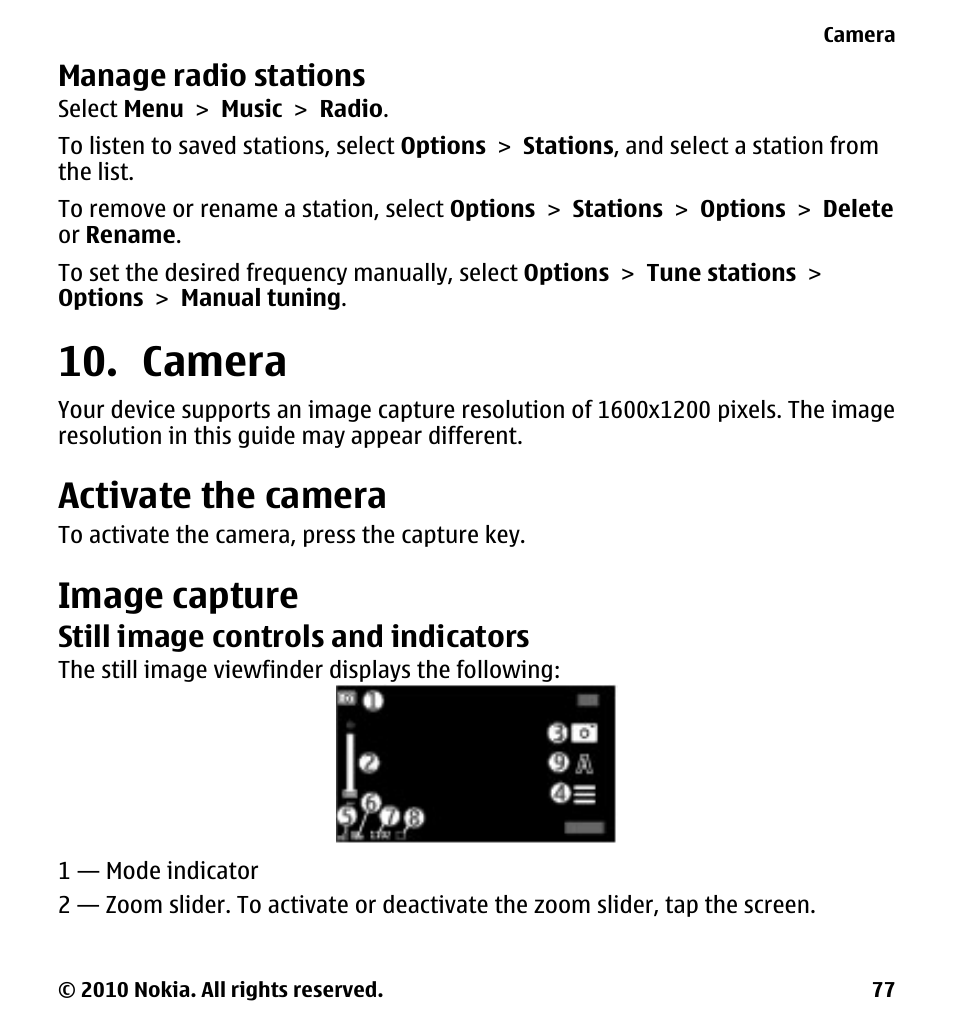 Manage radio stations, Camera, Activate the camera | Image capture, Still image controls and indicators | Nokia 5233 User Manual | Page 77 / 142