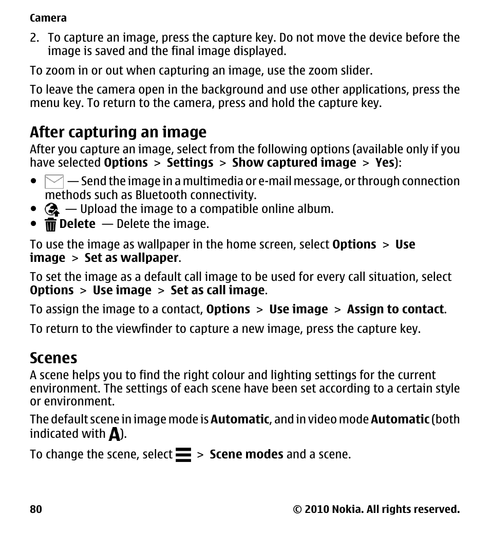 After capturing an image, Scenes | Nokia 5233 User Manual | Page 80 / 142