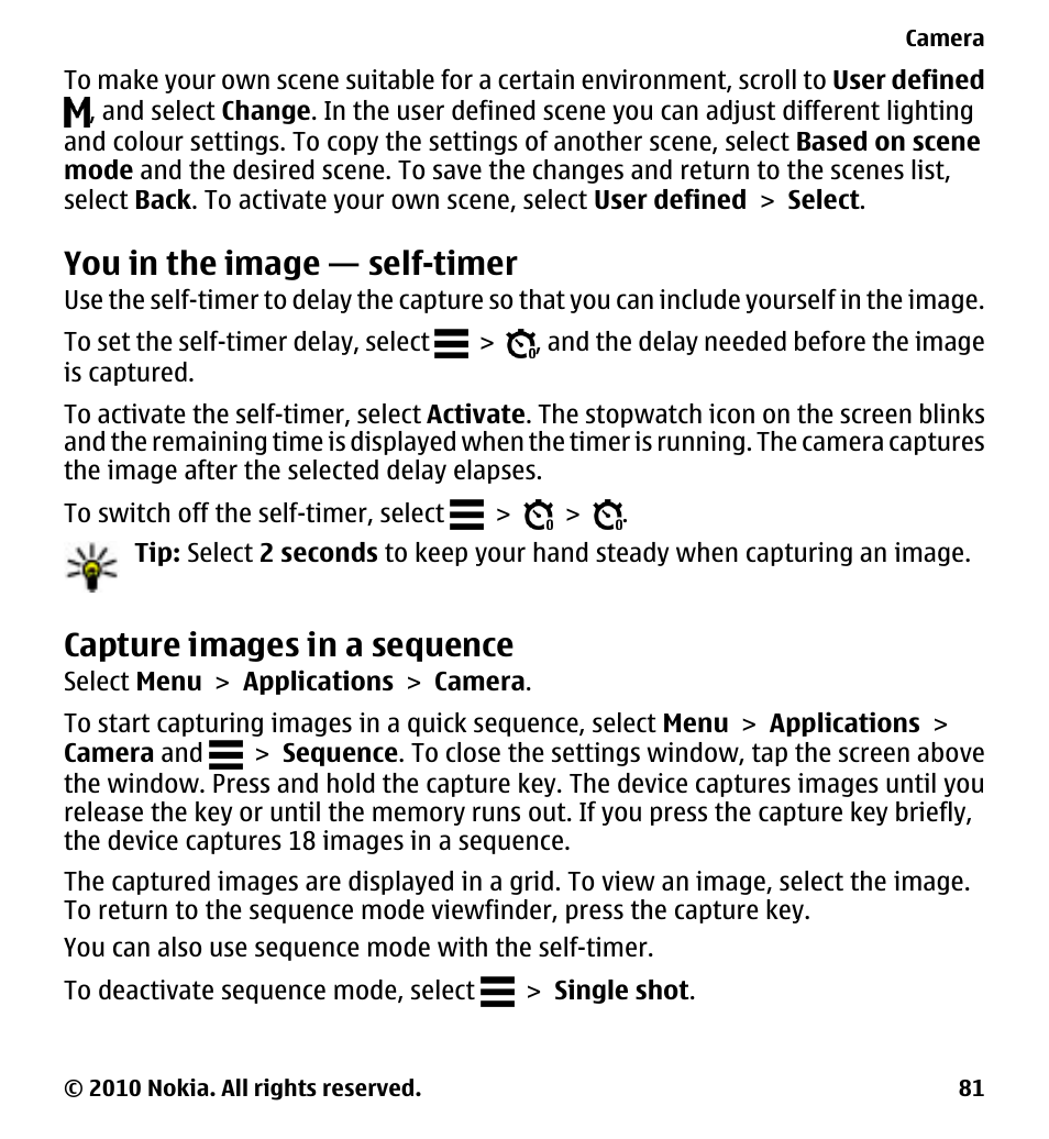 You in the image — self-timer, Capture images in a sequence | Nokia 5233 User Manual | Page 81 / 142