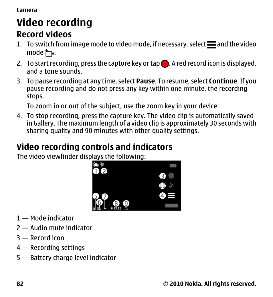 Video recording, Record videos, Video recording controls and indicators | Nokia 5233 User Manual | Page 82 / 142