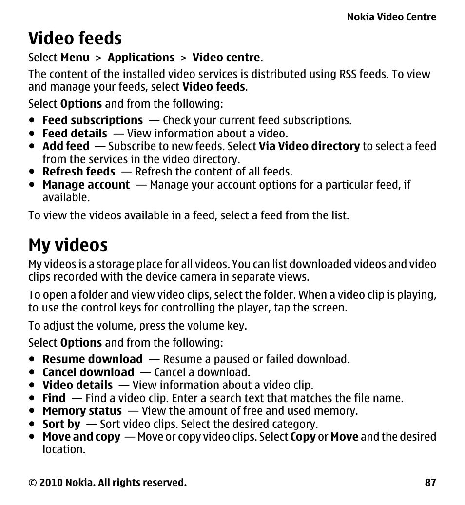 Video feeds, My videos | Nokia 5233 User Manual | Page 87 / 142