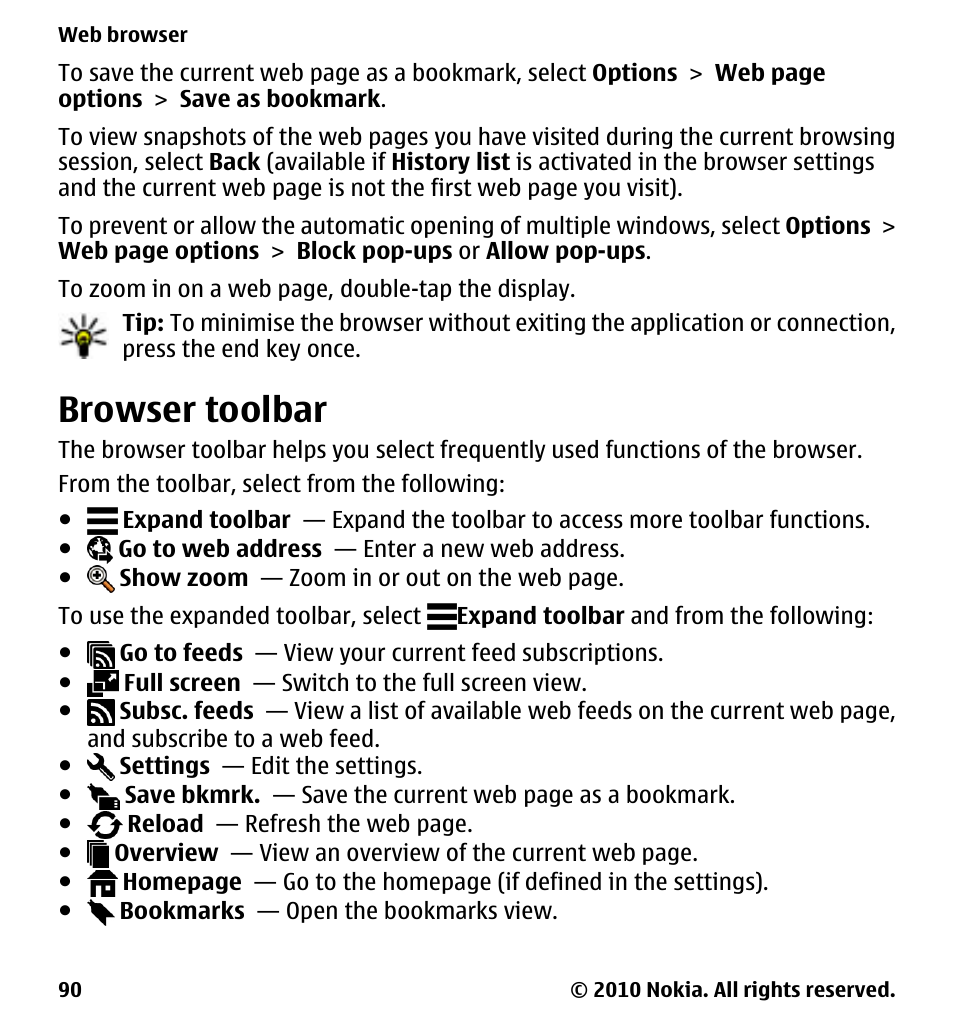 Browser toolbar | Nokia 5233 User Manual | Page 90 / 142