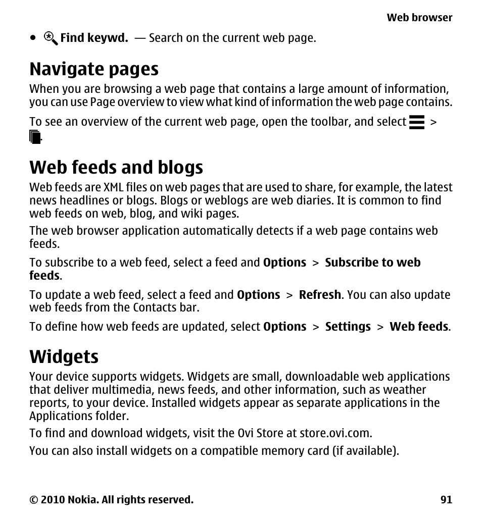 Web feeds and blogs, Widgets, Navigate pages | Nokia 5233 User Manual | Page 91 / 142